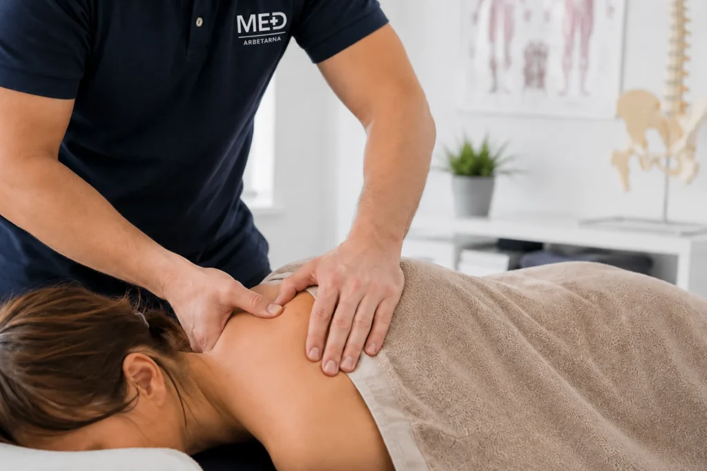 pågående massage av Rhomboideus (musklerna mellan skulderbladen och ryggraden)
