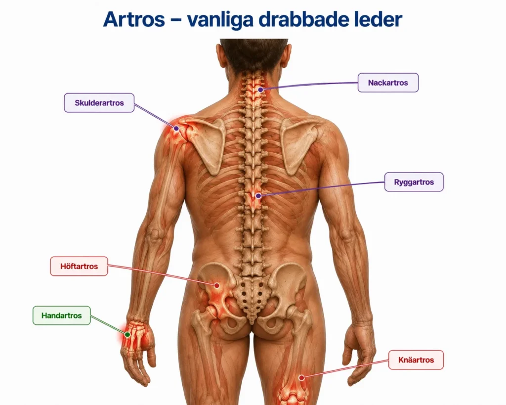 kropp som visar vilka leder som är vanliga att drabbas av artros