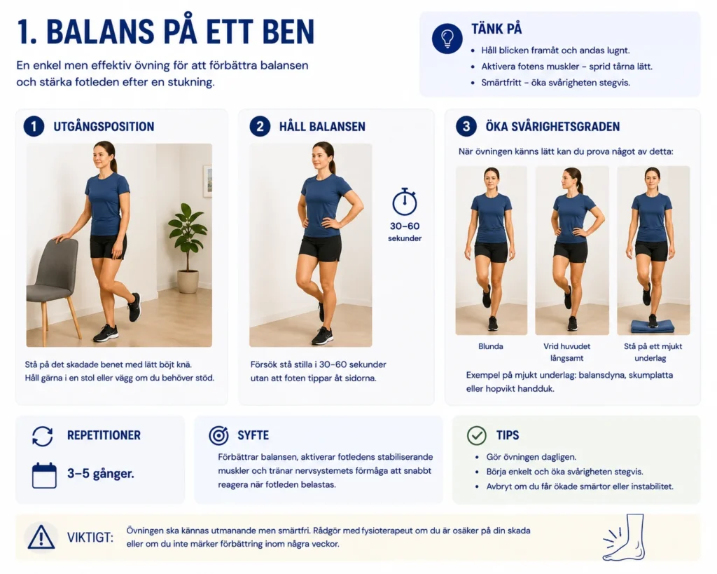 Enbensbalans för att förbättra stabilitet, proprioception och fotledskontroll efter en stukad fot.