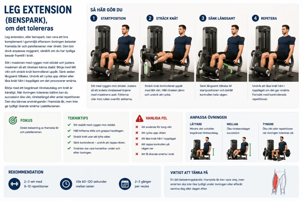 Steg-för-steg-illustration av leg extension, eller benspark, för kontrollerad träning av quadriceps och patellarsenan
