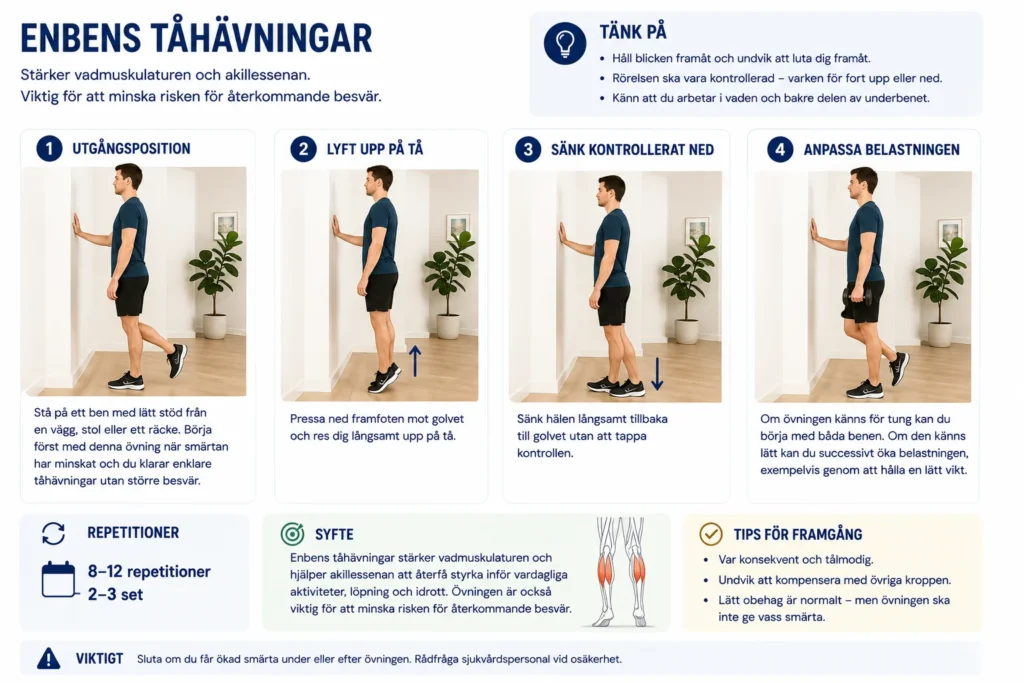 Enbens tåhävningar för att bygga upp vadstyrka och akillessenans belastningstolerans under rehabilitering.