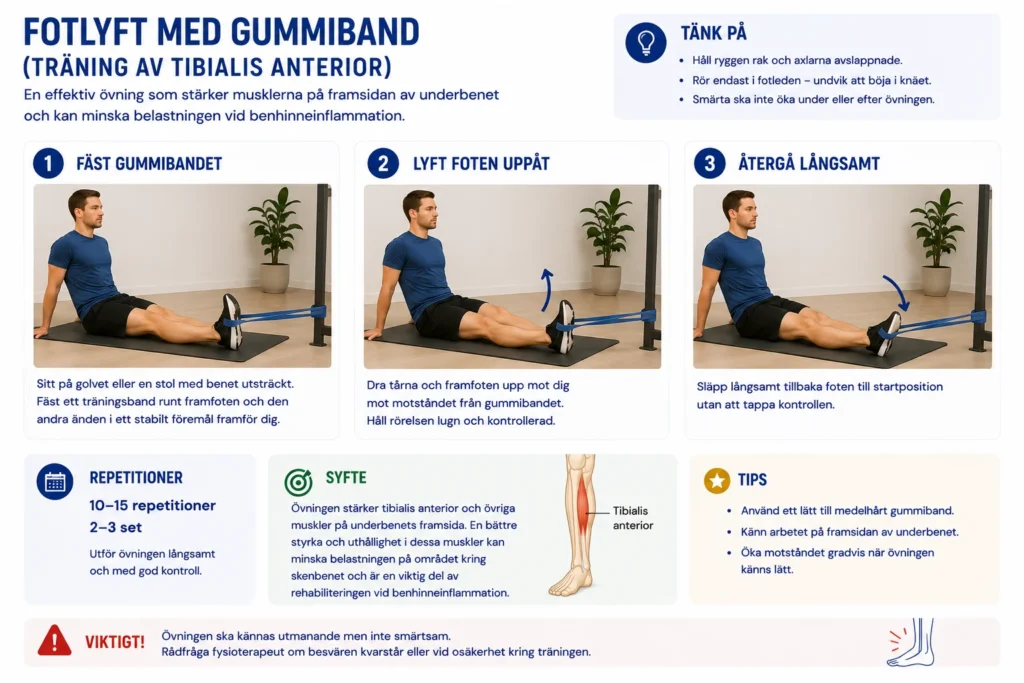 Fotlyft med gummiband för att stärka tibialis anterior vid rehabilitering av benhinneinflammation.