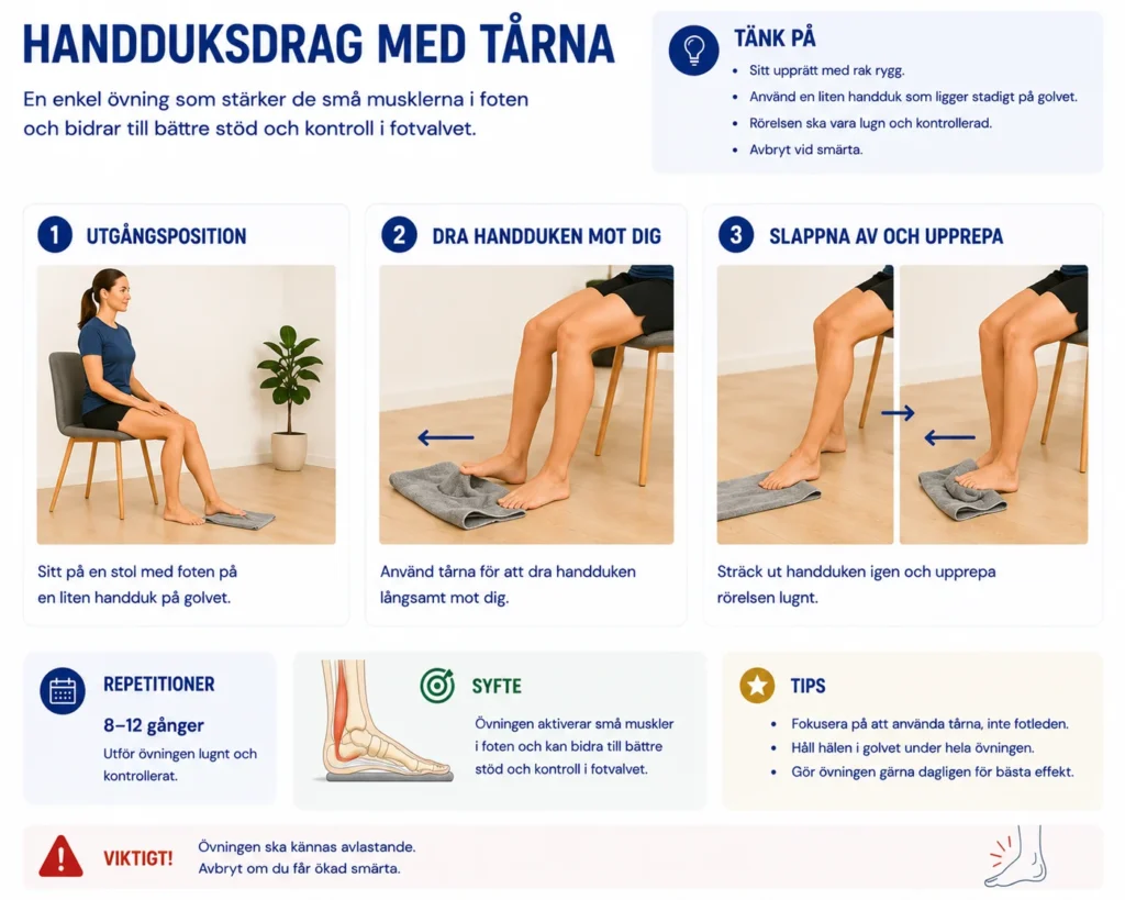 Handduksdrag med tårna för att aktivera fotens små muskler och förbättra stödet i fotvalvet.