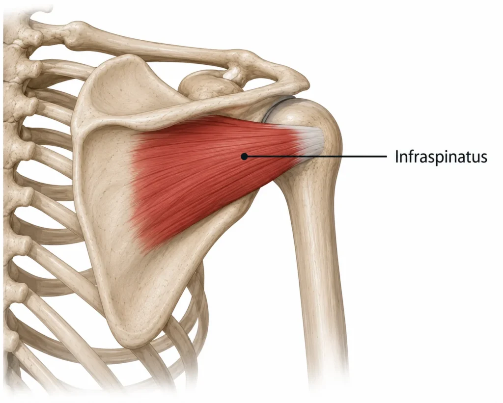 Anatomisk illustration som visar infraspinatus på skulderbladets baksida och dess fäste vid överarmen.
