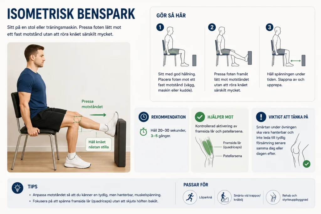 Illustration av isometrisk benspark med statisk aktivering av quadriceps och patellarsena utan större rörelse i knäleden