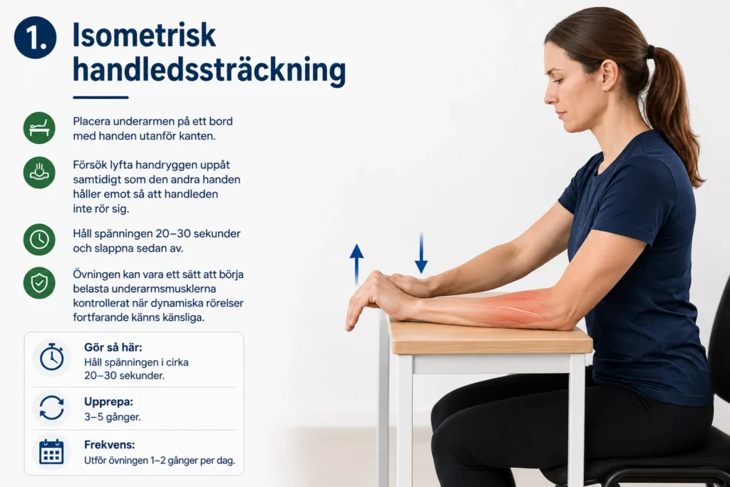 Instruktionsbild hur man utför isometrisk handledssträckning för tennisarmbåge