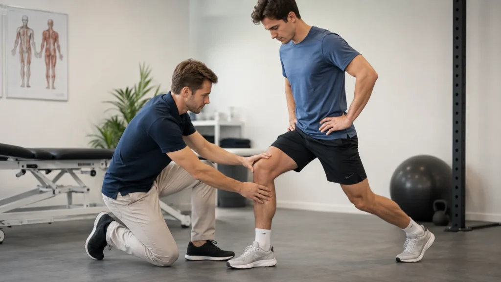 Naprapat undersöker en idrottsskada inför individuell rehabilitering