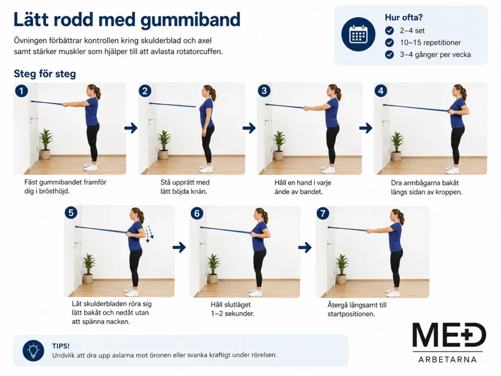Lätt rodd med gummiband för skulderbladskontroll och avlastning av rotatorcuffen.