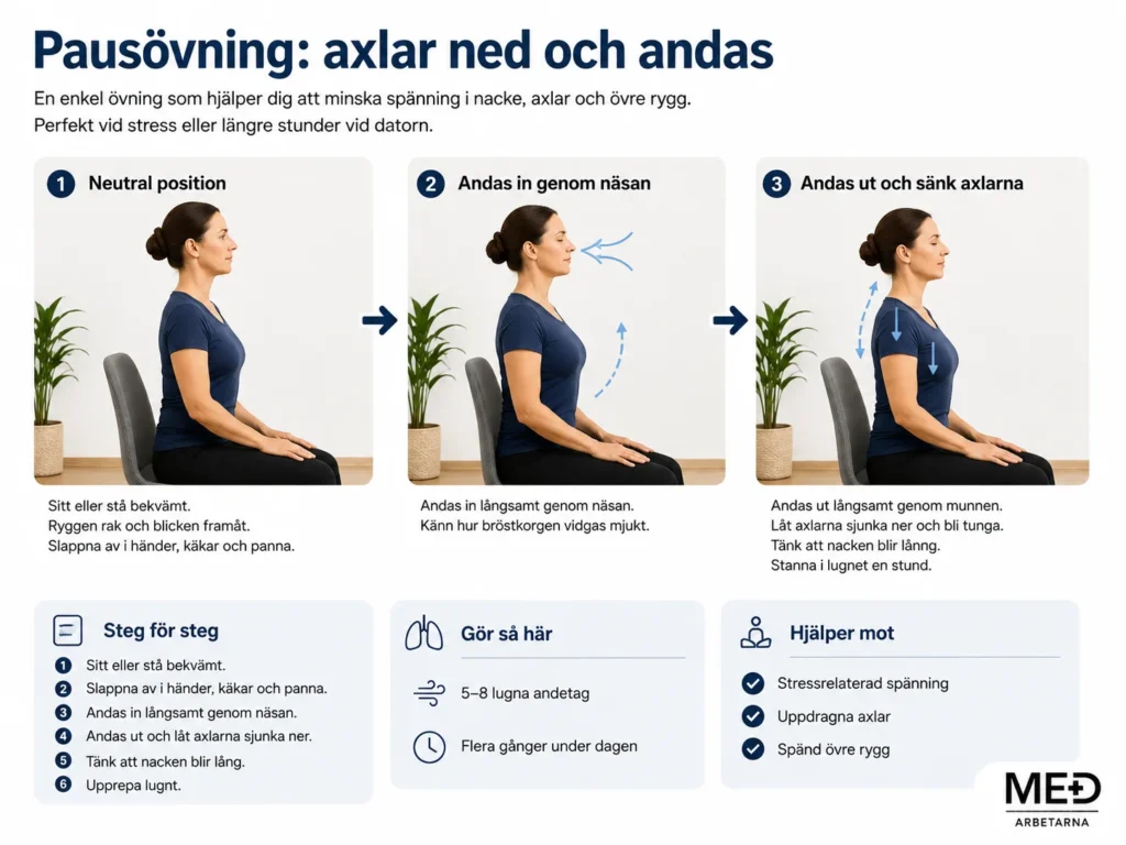 Lugn pausövning med sänkta axlar och andning för att minska spänningar vid långvarigt sittande.
