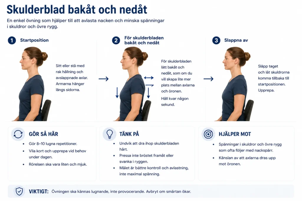 Skulderbladsövning för att minska spänningar i skuldror och övre rygg vid nackspärr.