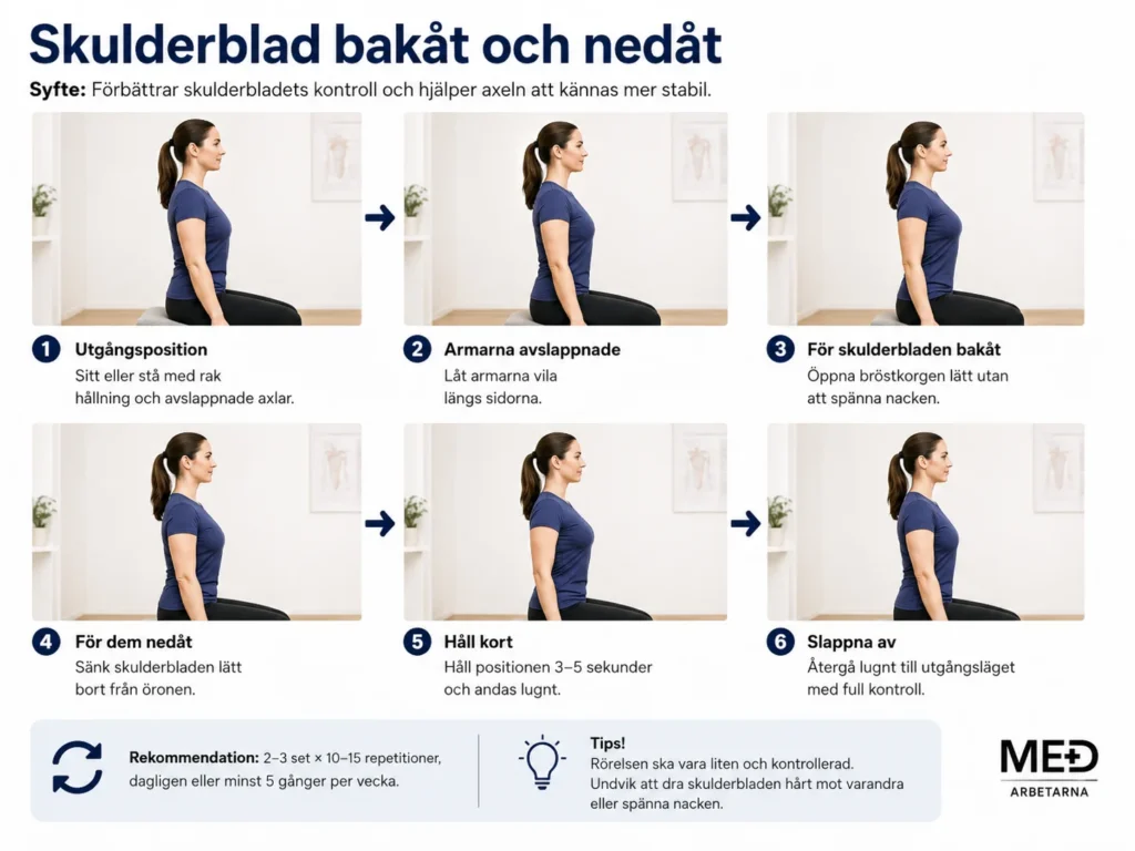 Steg-för-steg-illustration av skulderbladsövning där skulderbladen förs bakåt och nedåt för bättre kontroll och stabilitet i axeln