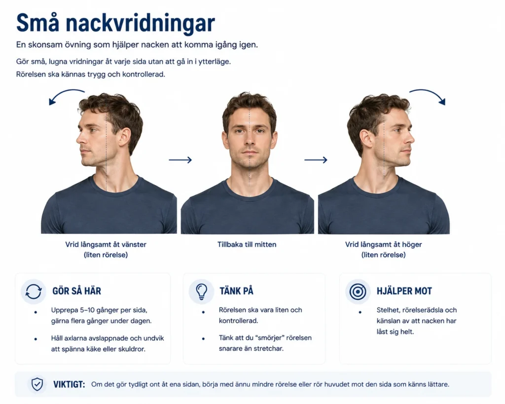 Små kontrollerade nackvridningar åt båda sidor för att minska stelhet vid akut nackspärr.