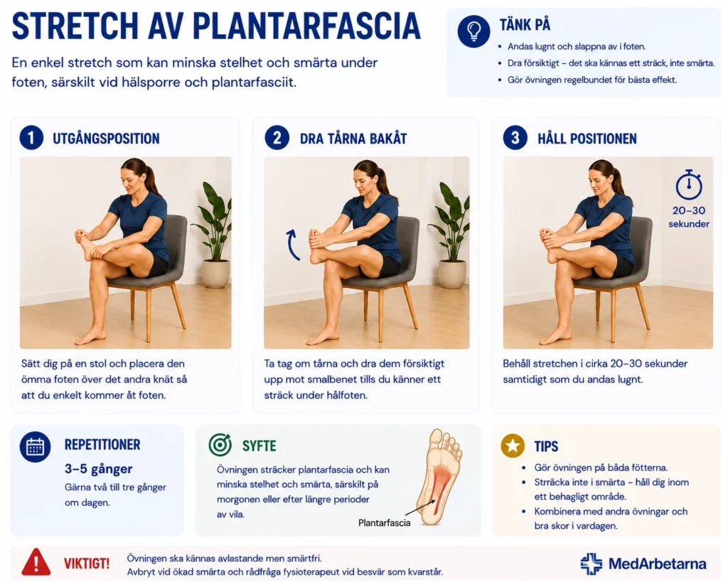 Sittande plantarfasciastretch där tårna dras bakåt för att minska stelhet och hälsmärta.