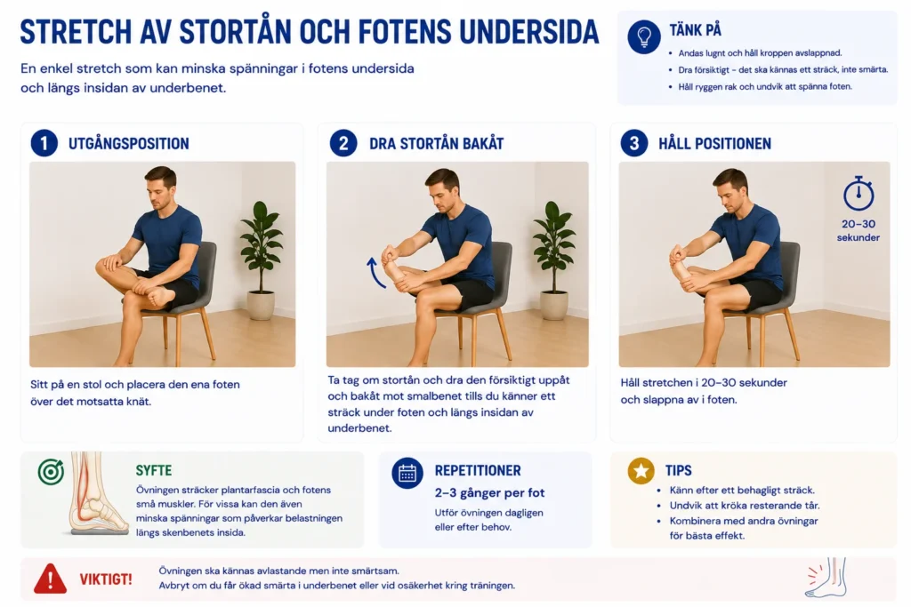 Sittande stortåstretch för plantarfascia och fotens undersida vid benhinneinflammation och spänningar längs skenbenet.
