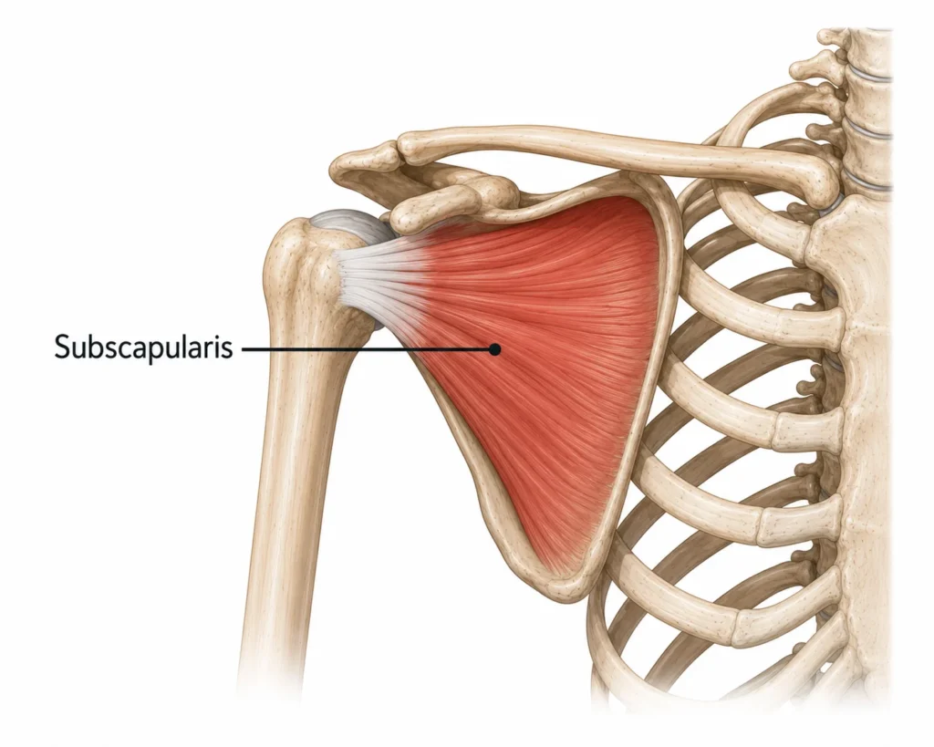 Anatomisk illustration som visar supraspinatus muskel och dess placering i axelns rotatorcuff.