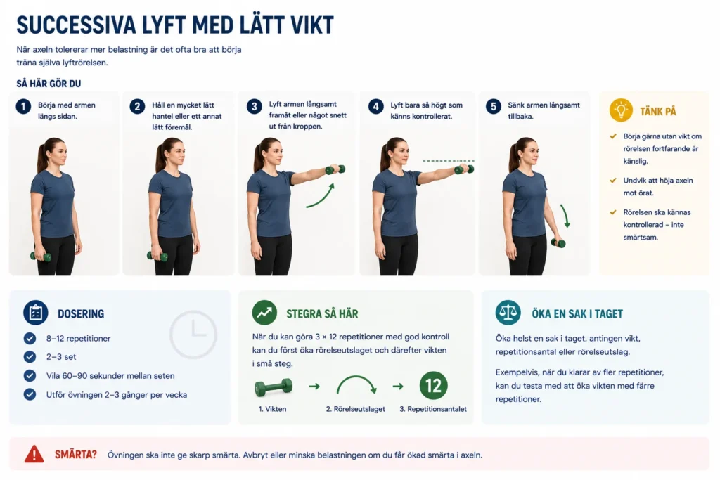 Lateral raises eller successiva armlyft med lätt vikt för gradvis styrketräning och belastning av axeln vid impingement.