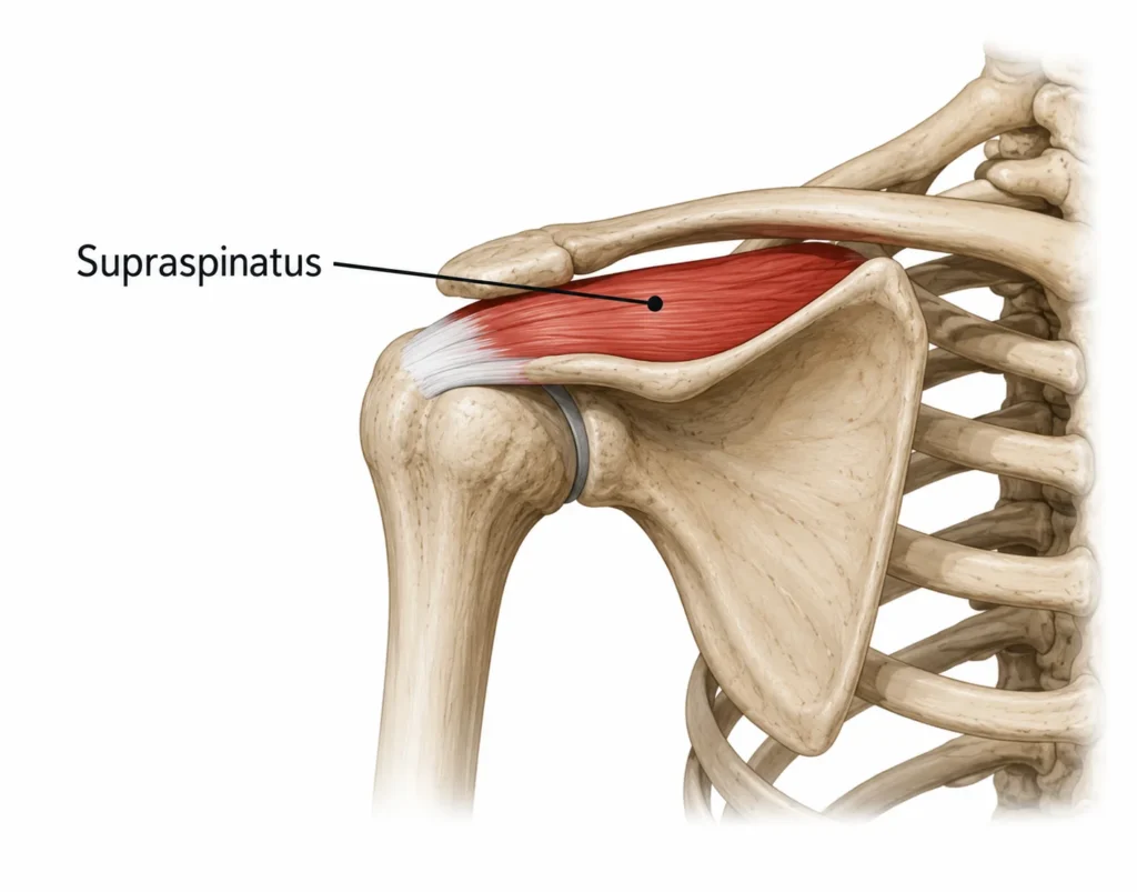 Anatomisk illustration som visar subscapularis på skulderbladets framsida och dess fäste vid överarmen.