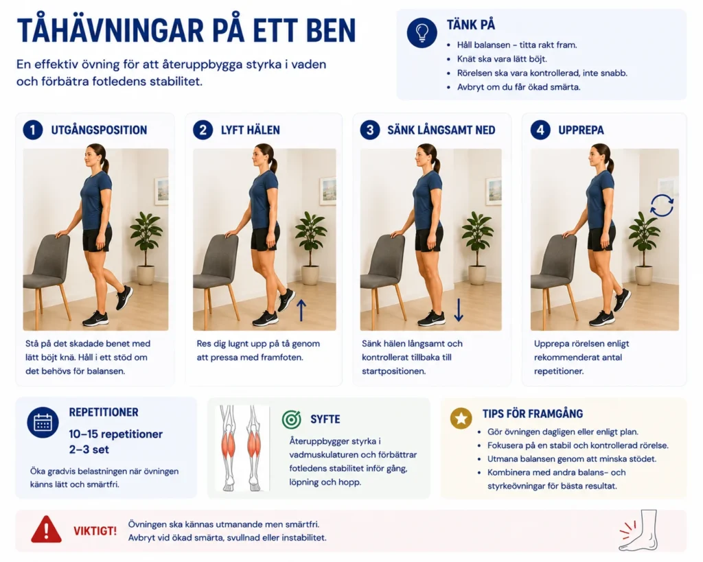 Enbenta tåhävningar för att återbygga vadstyrka och fotledsstabilitet efter en stukad fot.