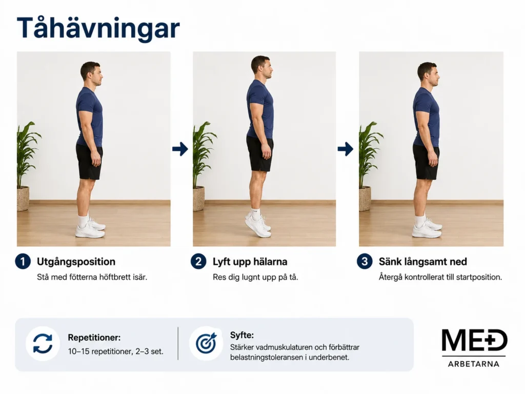 Kontrollerade tåhävningar för att stärka vadmuskulaturen och öka underbenets belastningstolerans vid benhinneinflammation.
