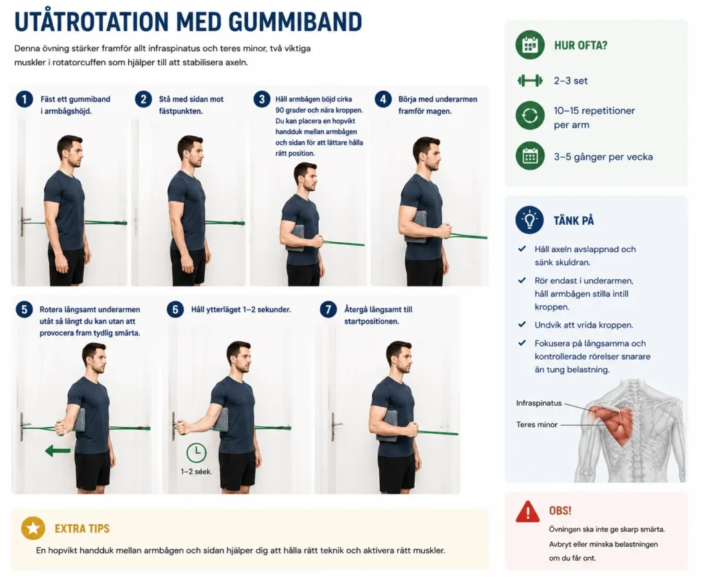 Utåtrotation med gummiband för träning av infraspinatus, teres minor och rotatorcuffens stabilitet.