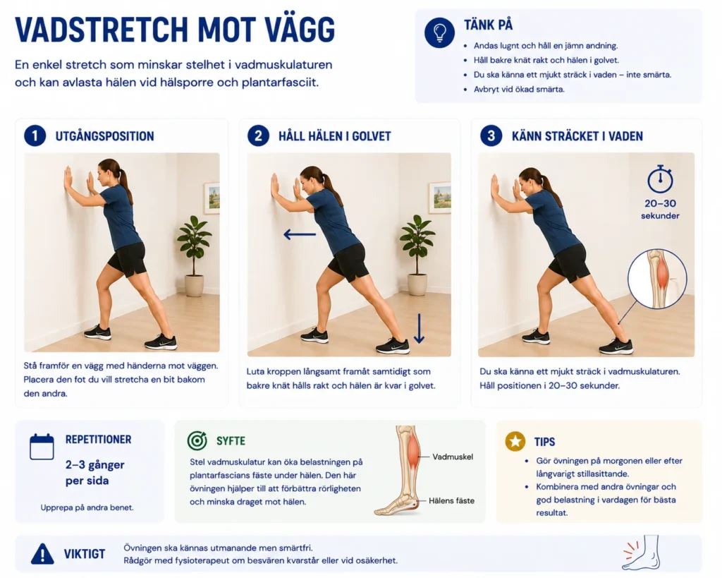 Vadstretch mot vägg för förbättrad fotledsrörlighet och minskad belastning på hälen vid hälsporre.