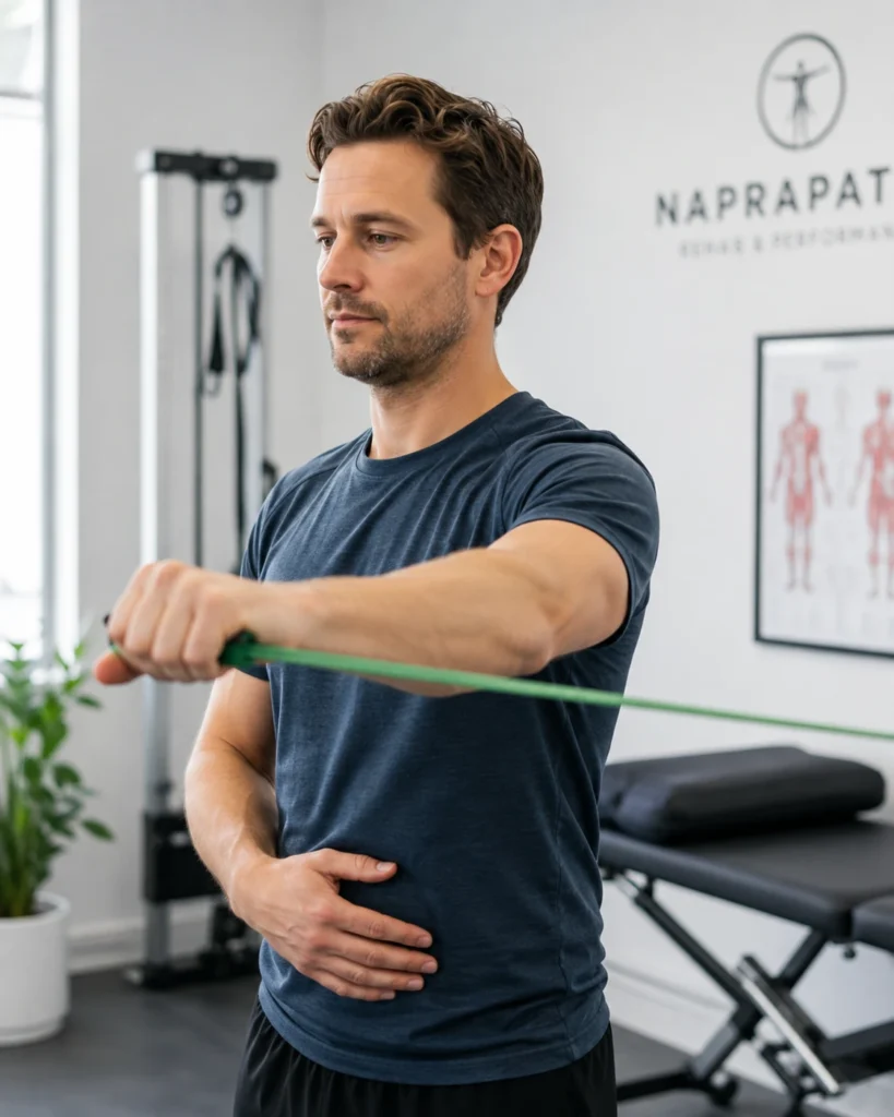 Person som rehabiliterar axeln med ett motståndsband efter axelluxation
