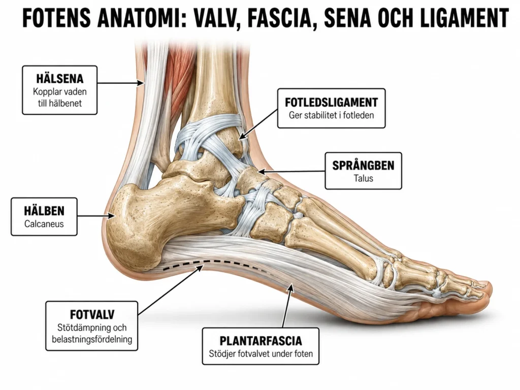 Illustration av fotens anatomi med fotvalv, plantarfascia, hälsena, fotledsligament, hälben och språngben