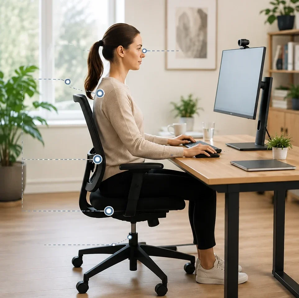 Person som sitter ergonomiskt vid en datorarbetsplats med markeringar för arbetsställning, rörelse och variation