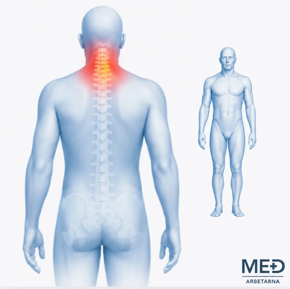 Anatomisk illustration av en människokropp bakifrån där nackområdet är markerat med röd smärthighlight för att visa nackspärr.