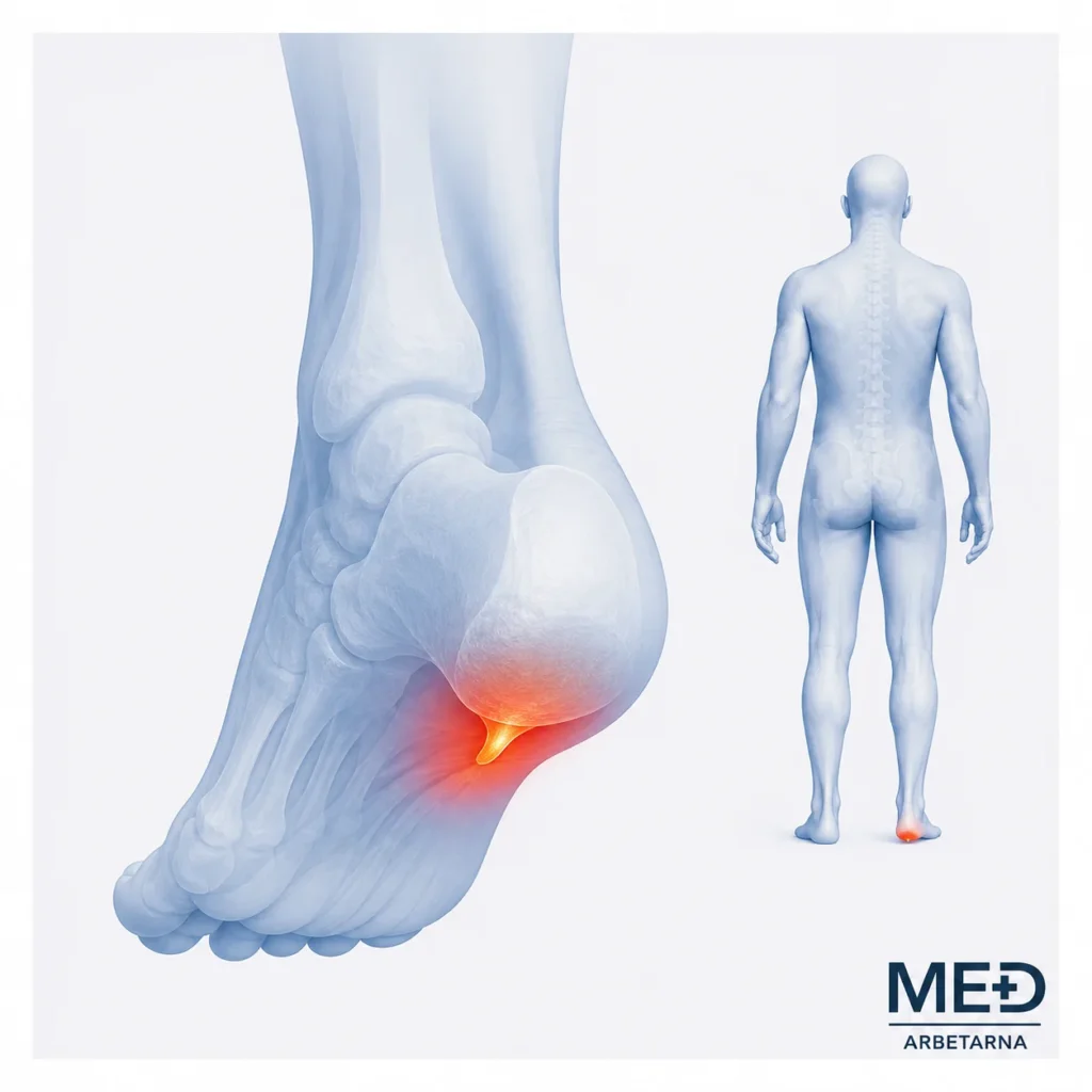 Anatomisk illustration av en fot där området under hälen vid hälsporren är markerat i rött