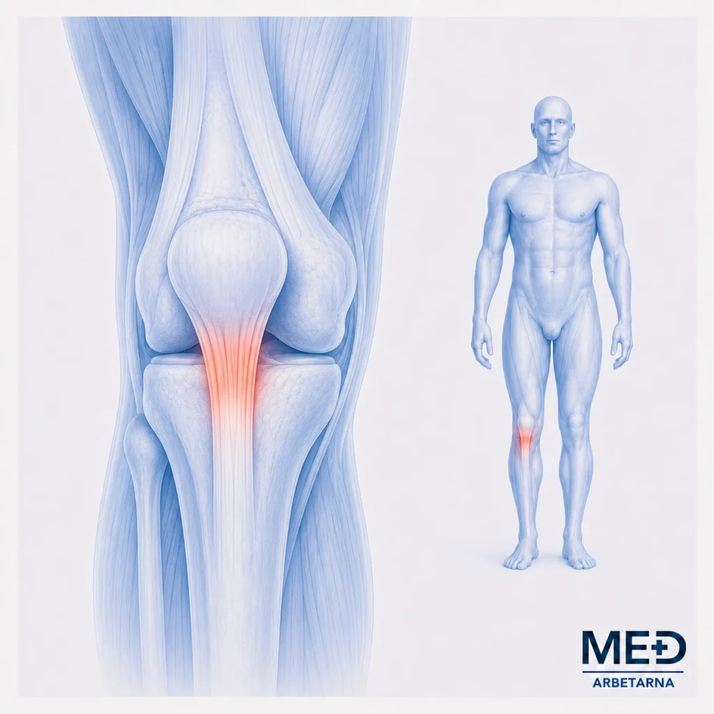Anatomisk illustration av ett knä där patellarsenan under knäskålen är markerad i rött