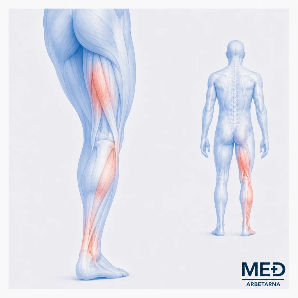 Anatomisk illustration av benets muskulatur med utvalda muskelgrupper markerade i rött