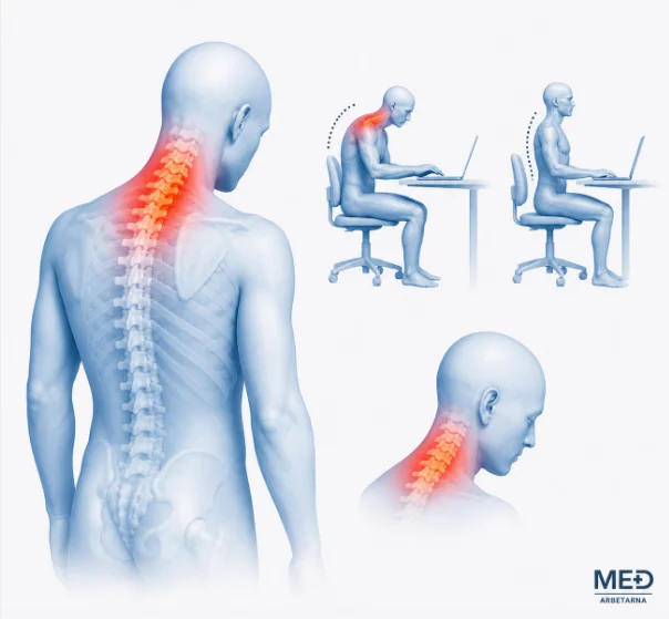 Medicinsk illustration av kontorsnacke med röd markering över nacke och övre rygg samt jämförelse mellan framåtlutad och upprätt sittställning vid dator.