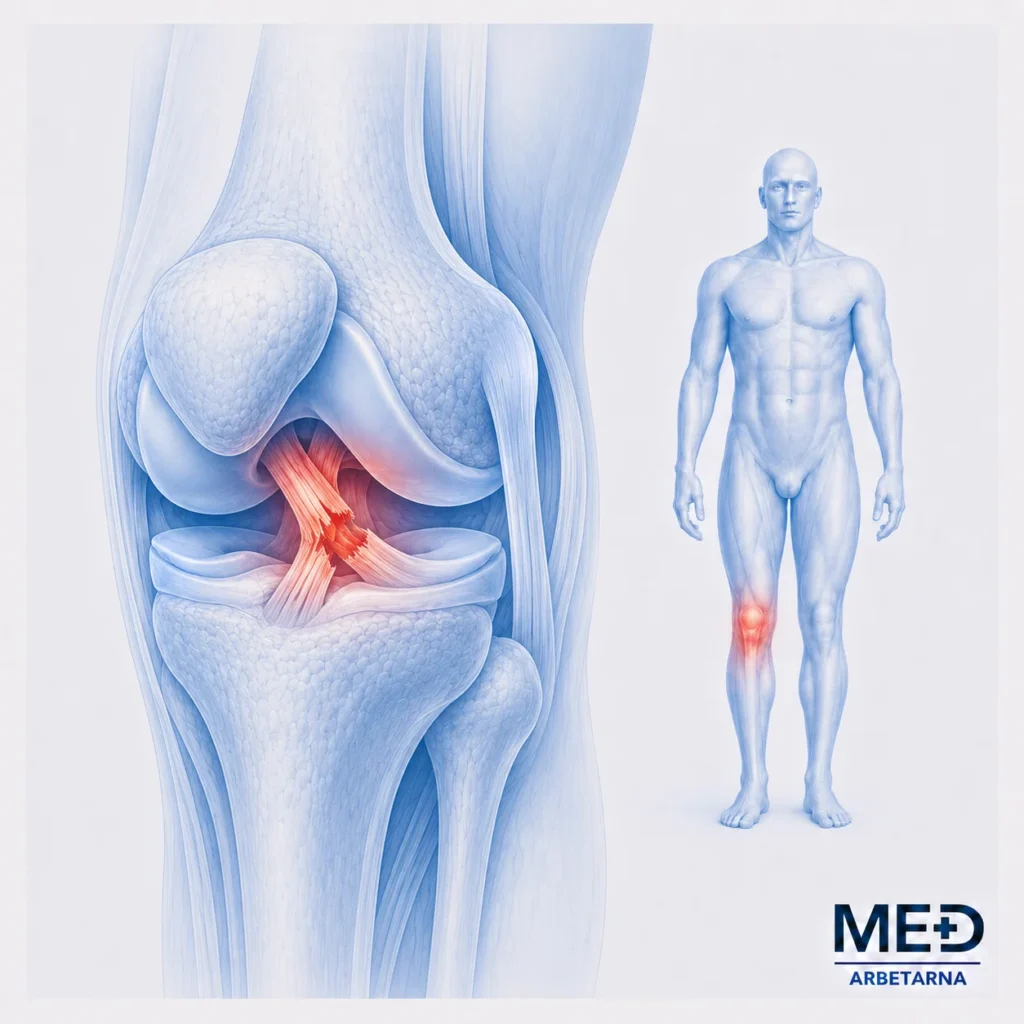 Anatomisk illustration av ett knä där skadade ledband i knäleden är markerade i rött