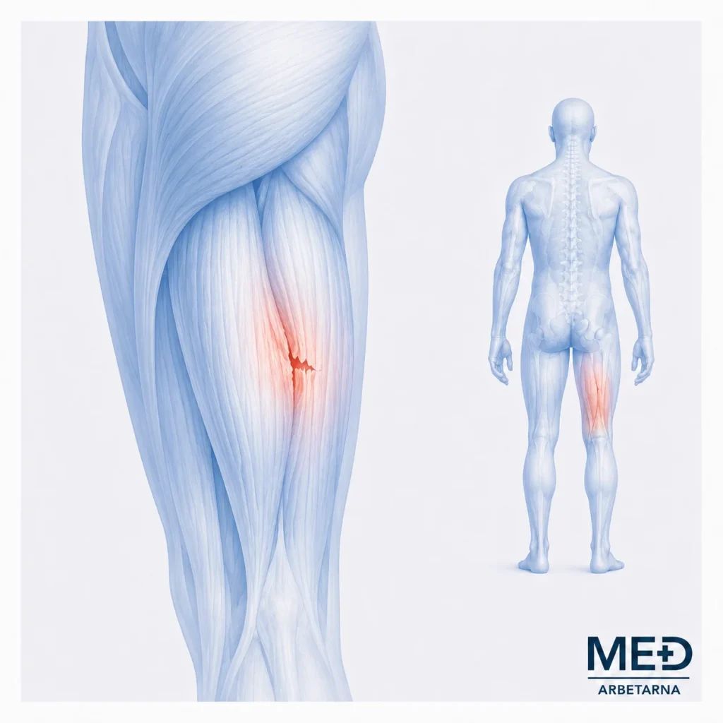Anatomisk illustration av ett lår där området med muskelbristning är markerat i rött