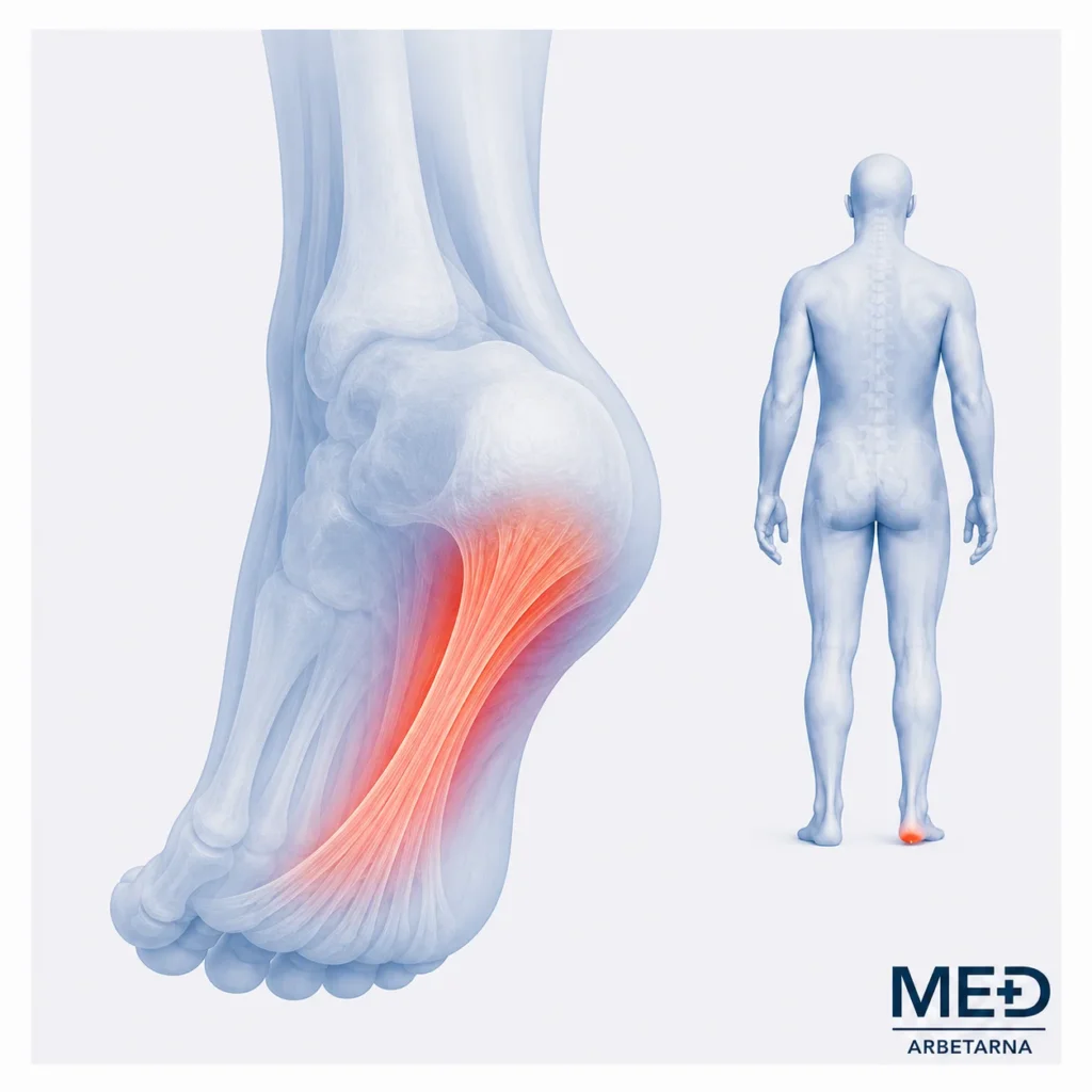 Anatomisk illustration av en fot där plantarfascian under foten är markerad i rött