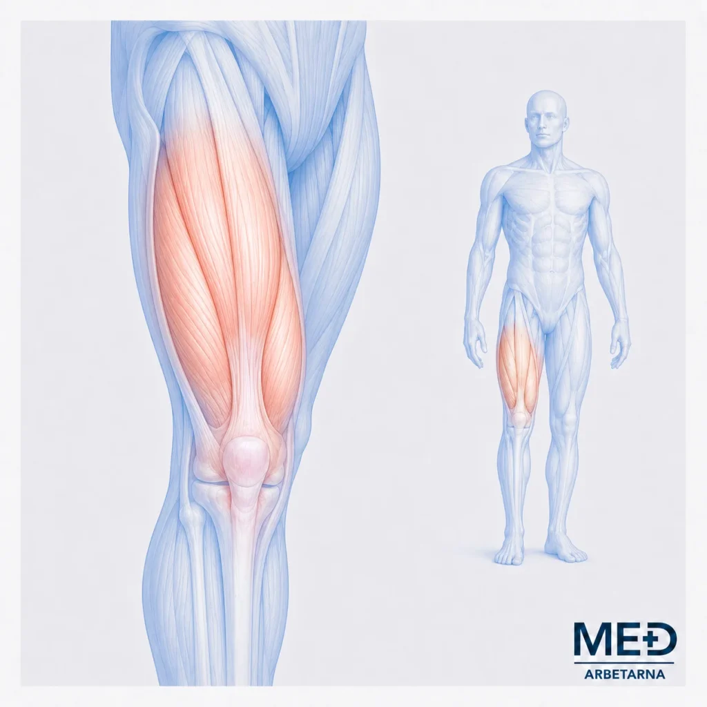 Anatomisk illustration där framsidans lårmuskulatur är markerad i rött vid postoperativ rehabilitering