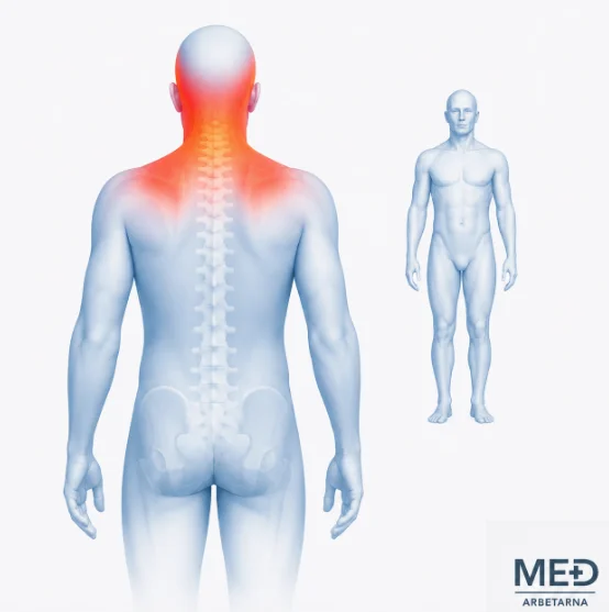 Anatomisk illustration av spänningshuvudvärk där bakhuvud, nacke och axlar är markerade med röd smärthighlight.