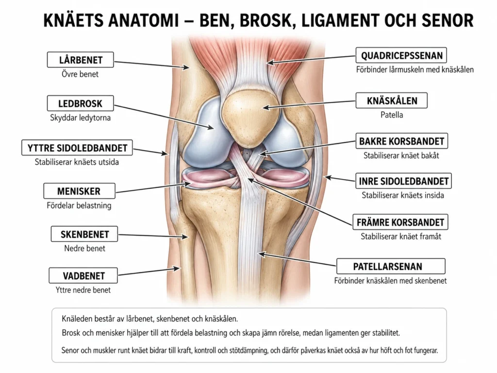 Illustration av knäets anatomi med lårben, skenben, knäskål, brosk, menisker, korsband, sidoledband och senor.