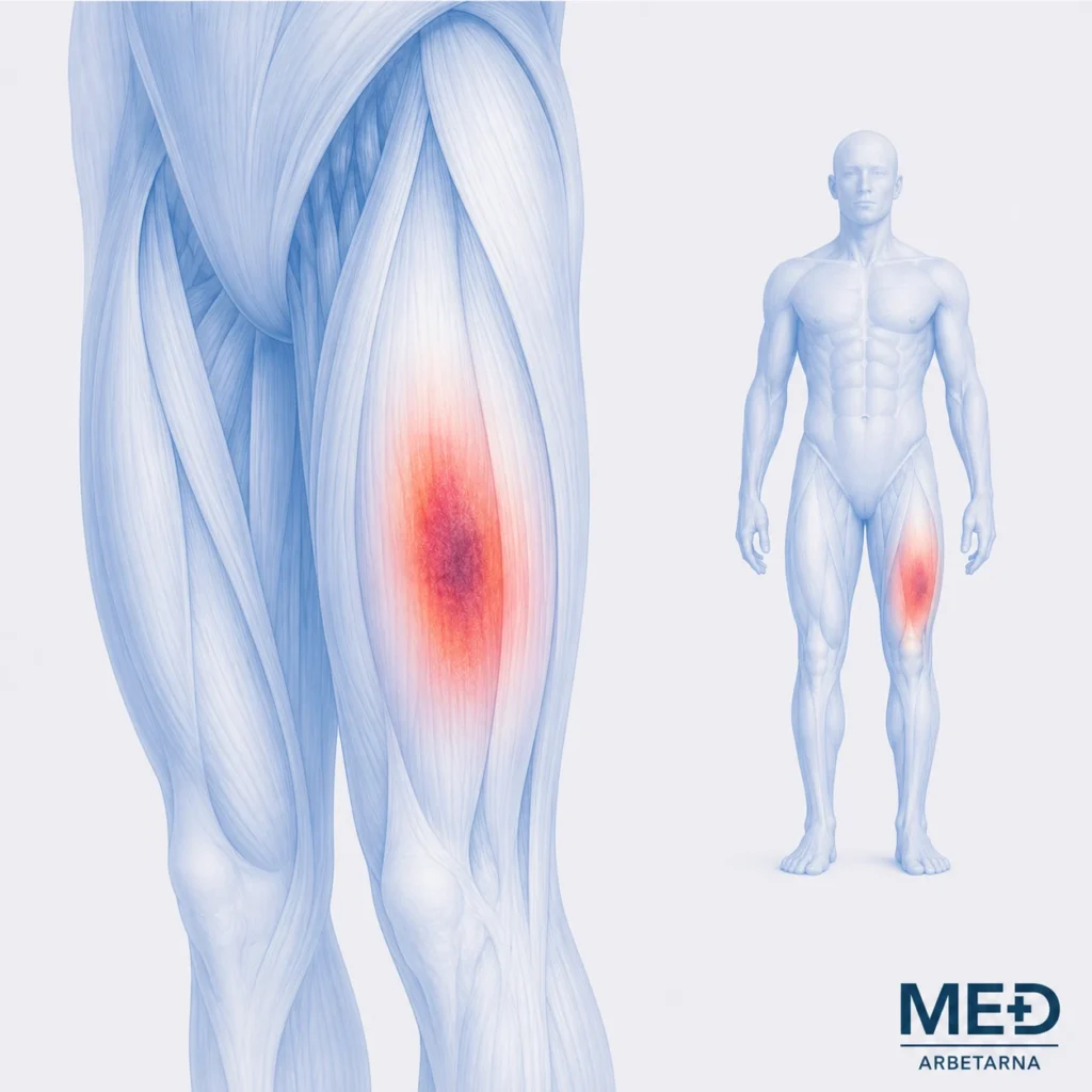 Medicinsk illustration av lårkaka med smärta och blödning i lårmuskeln markerad