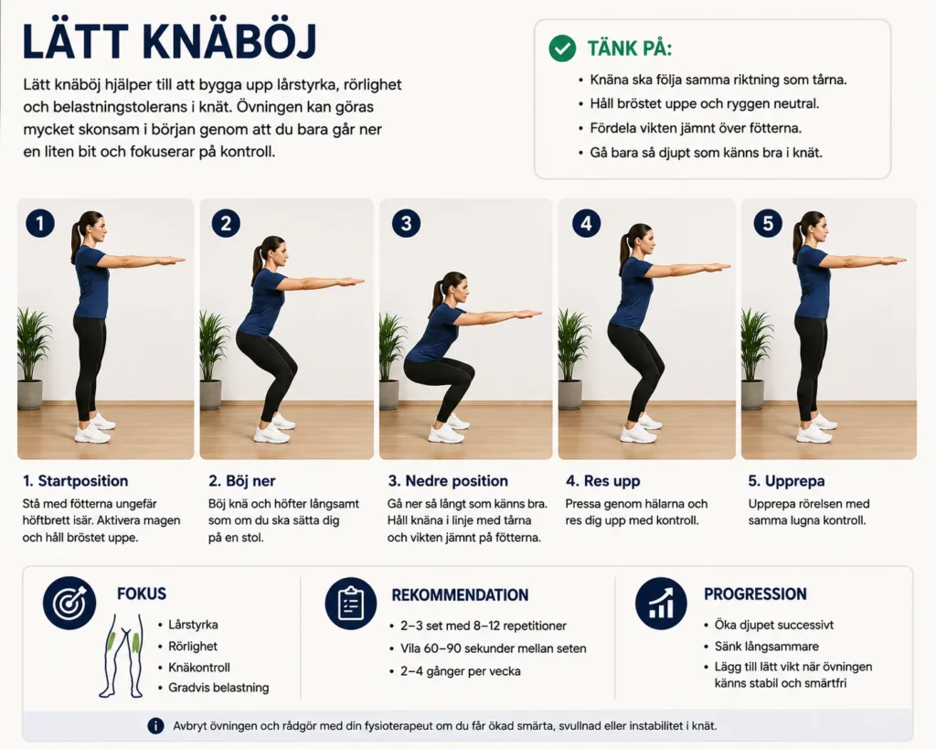 Steg-för-steg-illustration av lätt knäböj för knärehabilitering med fokus på lårstyrka, rörlighet, knäkontroll och gradvis belastning