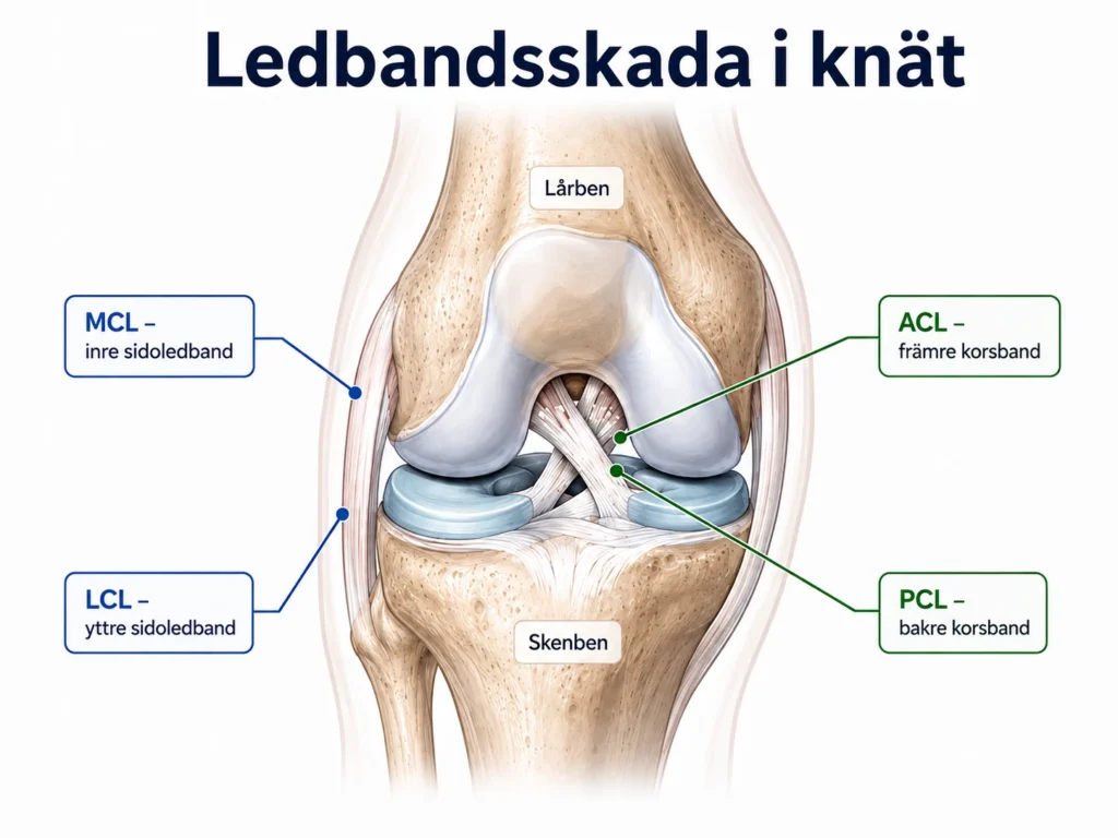 Anatomisk illustration av knäets ledband med markeringar för MCL, LCL, ACL och PCL