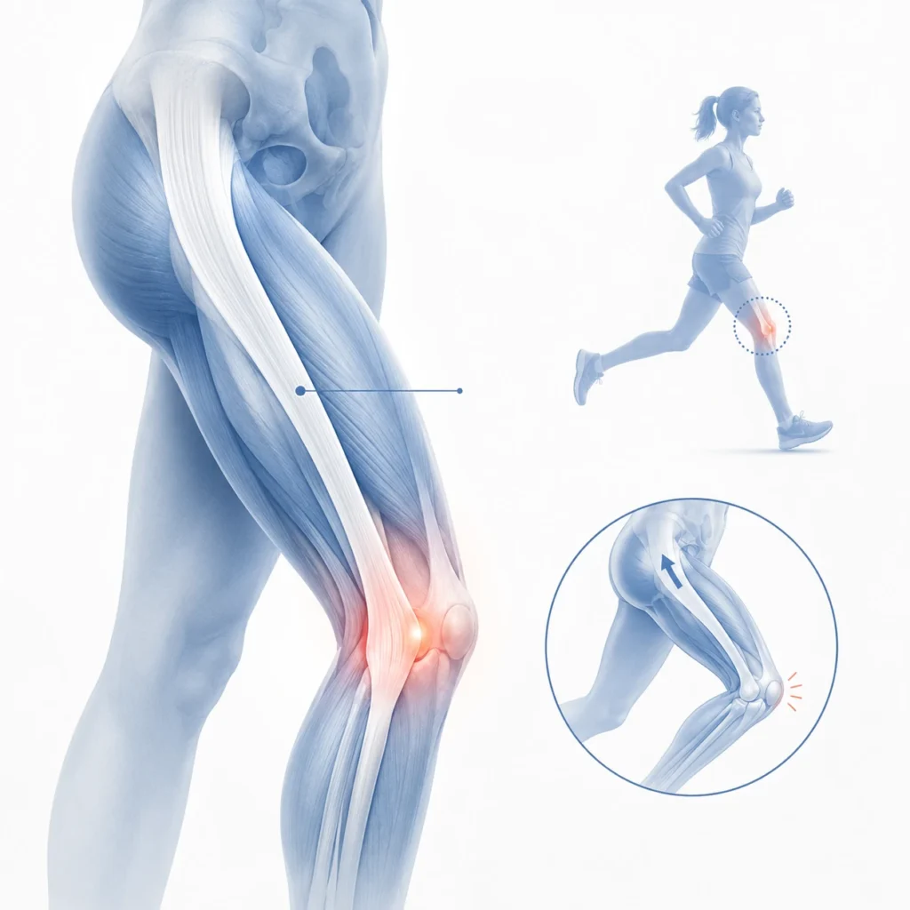 Anatomisk illustration av iliotibialbandet med smärta och irritation markerad på utsidan av knät vid löparknä