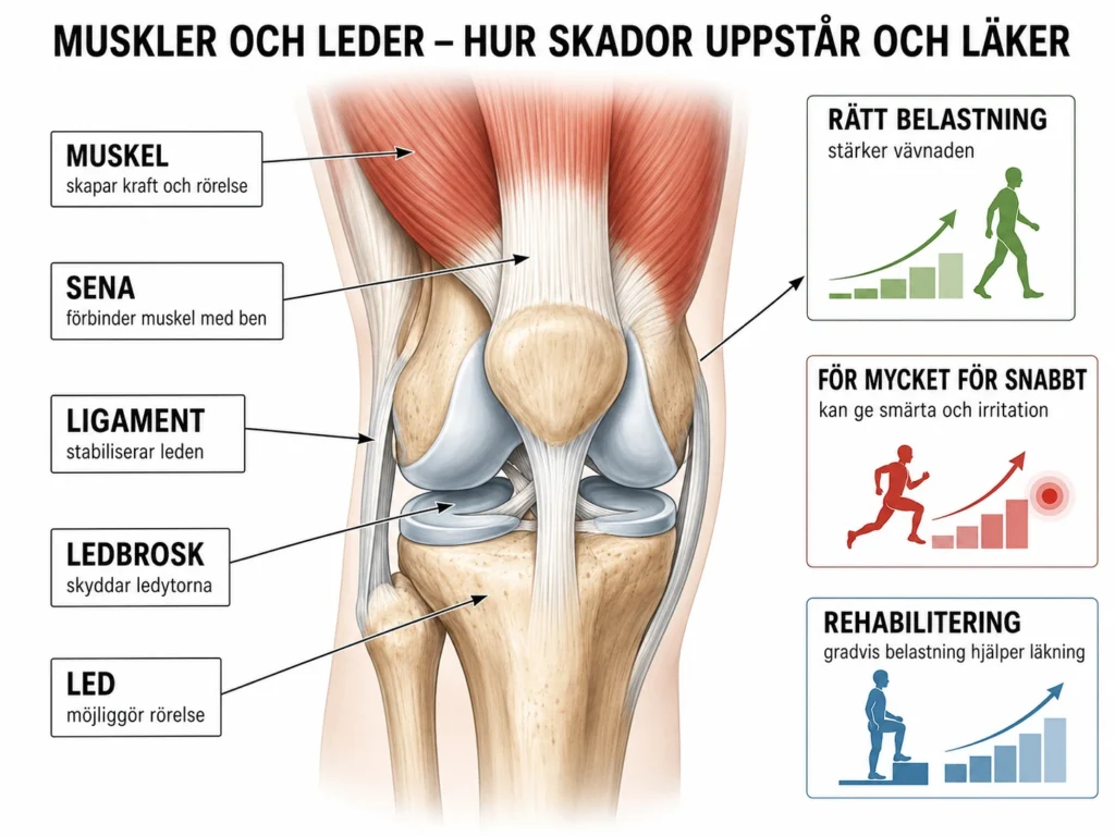 Illustration av muskler, senor, ligament, ledbrosk och led samt hur belastning och rehabilitering påverkar läkning och vävnadens tålighet