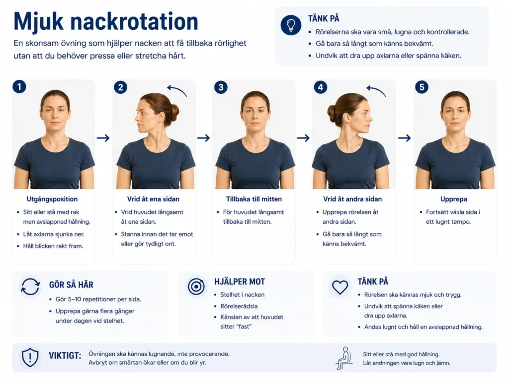 Mjuk nackrotation åt båda sidor för att minska nackstelhet och spänningar vid spänningshuvudvärk.