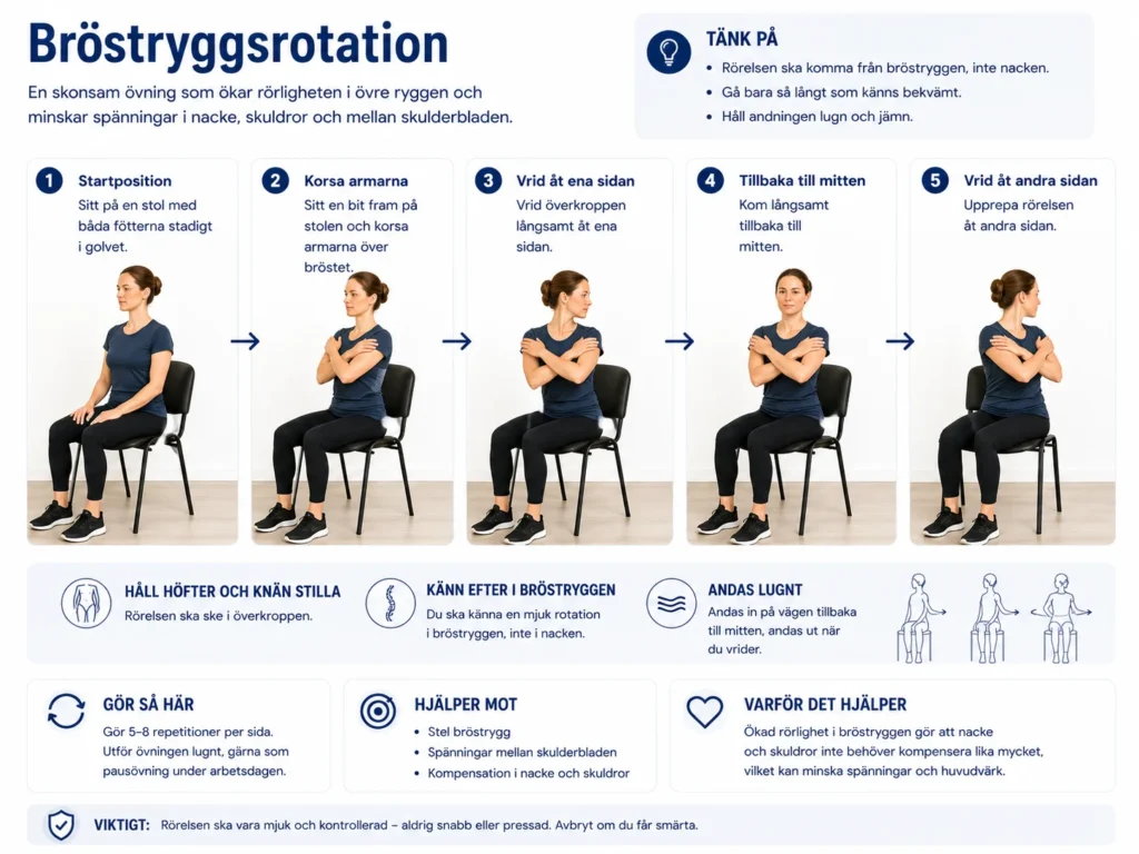 Sittande bröstryggsrotation som pausövning för stel övre rygg och nacke vid skrivbordsarbete.