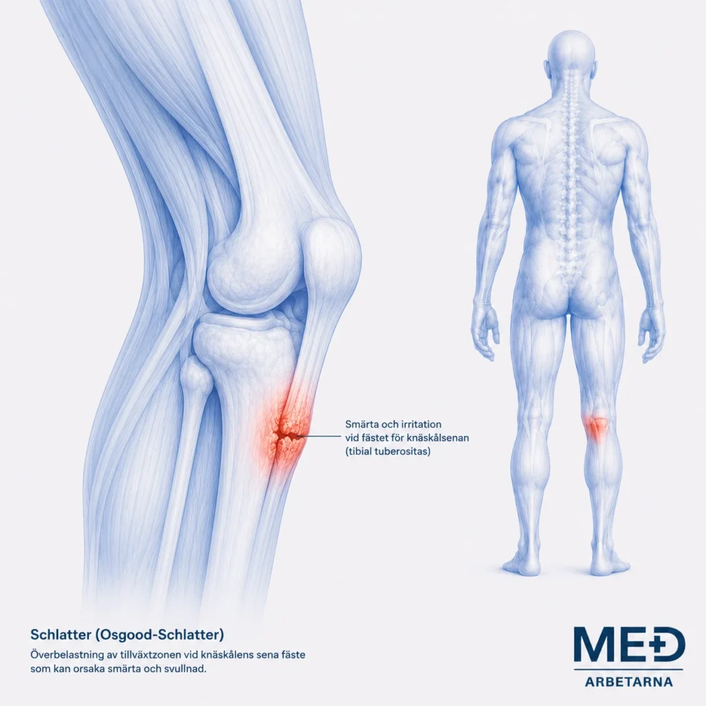 Medicinsk illustration av Schlatter med smärta och irritation vid knäskålssenans fäste på skenbenet markerad