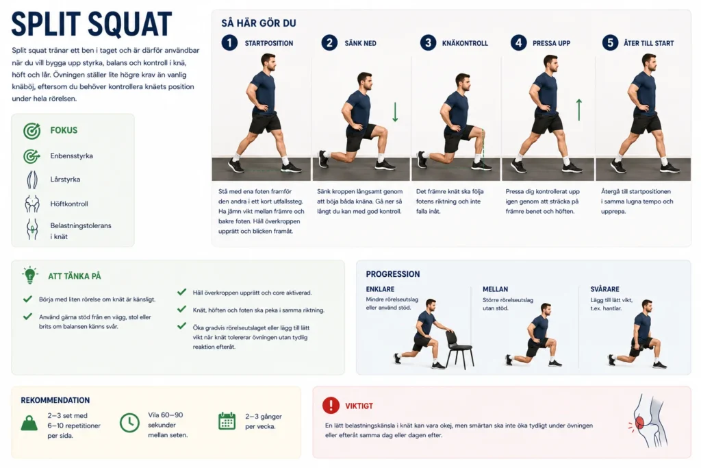 Steg-för-steg-illustration av split squat för enbensstyrka, höftkontroll och belastningstolerans i knät