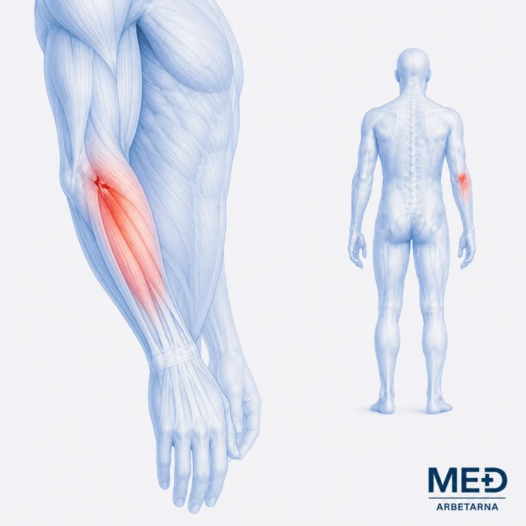 Medicinsk illustration av tennisarmbåge med smärtområdet på utsidan av armbågen och underarmens muskler markerade