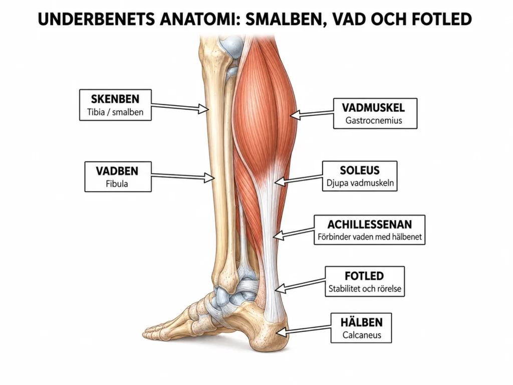 Illustration av underbenets anatomi med smalben, vadmuskel, soleus, achillessena, fotled och hälben markerade med etiketter.